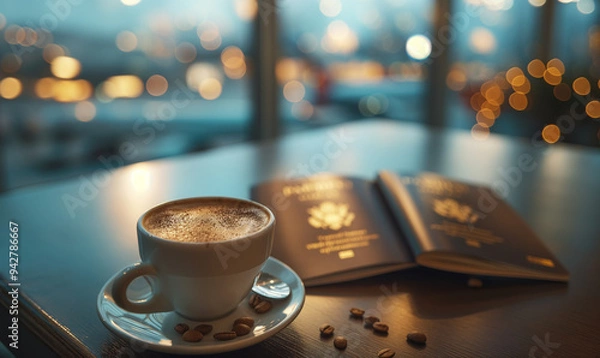 Fototapeta Cup of hot coffee on the table against the background of an airplane at the airport. Cup of cappuccino americano or latte coffee with a passport on the table at the airport. Tourism and travel concept
