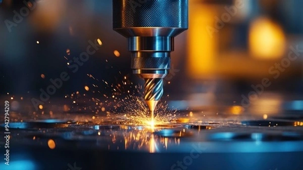 Fototapeta Close-Up of a Metal Drill Bit Sparks While Cutting Metal