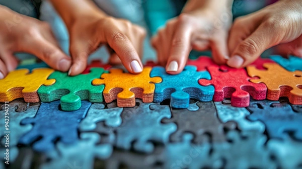Fototapeta Business people are joining puzzle pieces on a table, a concept for teamwork and cooperation