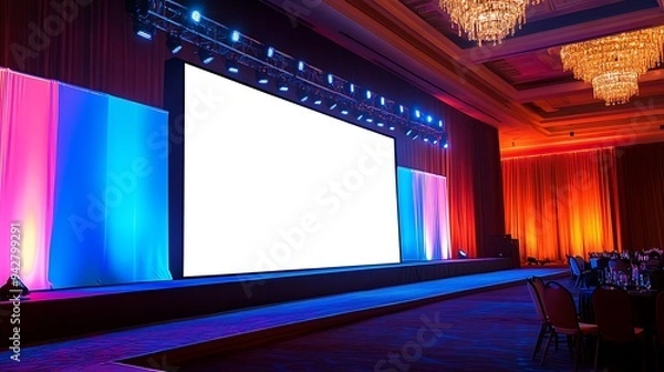 Fototapeta Spacious Event Stage with Large Blank Screen and Soft Ambient Lighting for Corporate Gatherings