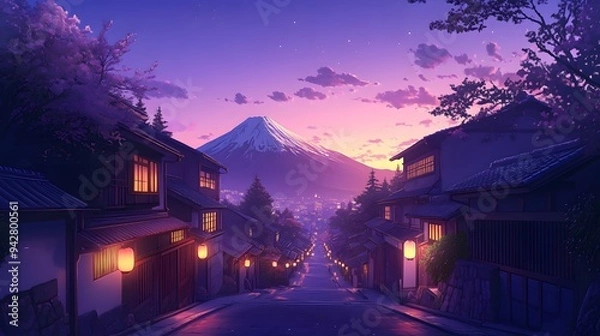 Obraz A serene anime-style background of a Japanese city at dusk, with glowing lanterns, narrow alleys, and distant mountains under a purple sky
