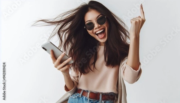 Fototapeta Enthusiastic asian girl in sunglasses, holding smartphone, celebrating and dancing, laughing happy with mobile phone, standing over white background. Brown color theme.