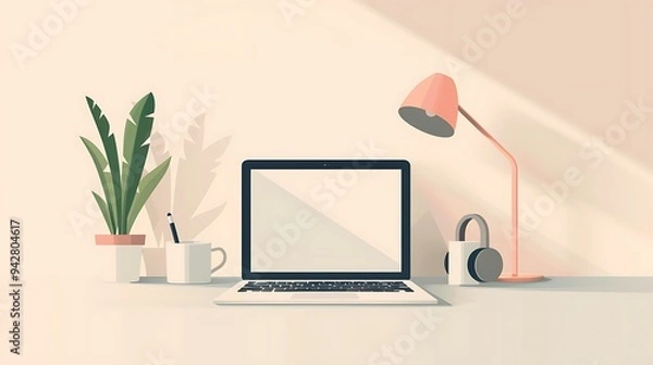 Fototapeta A minimalist illustration of a remote work setup, featuring a laptop on a clean desk with a cup of coffee and headphones, set against a simple background. 8k UHD, suitable for high-quality printing 