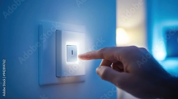 Fototapeta Close-up of hand turning on light switch in home interior, energy conservation concept