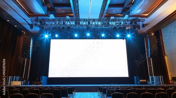 Fototapeta Spacious Corporate Event Stage with Large Blank Screen and Professional AV Setup for Business Gatherings