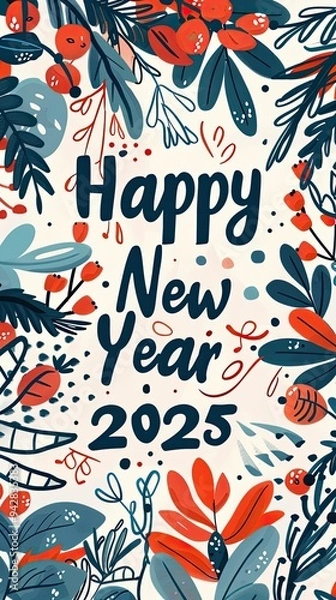 Fototapeta Festive  design celebrating the arrival of the new year 2025 with a minimalistic style surrounded by lush foliage