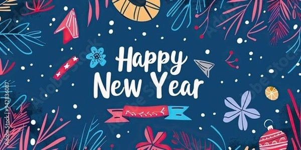 Fototapeta Trendy minimalistic postcard design wishing everyone a joyful New Year with colorful decorations and elegant typography