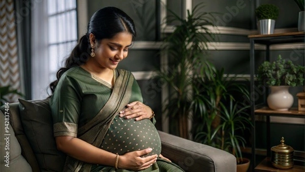 Fototapeta  happy indian pregnant woman feeling baby by lookin.
