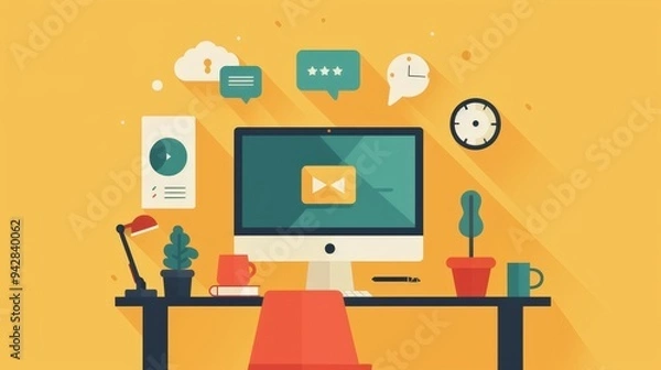 Obraz Communication apps in a productive remote setup, isolated on yellow background, flat design