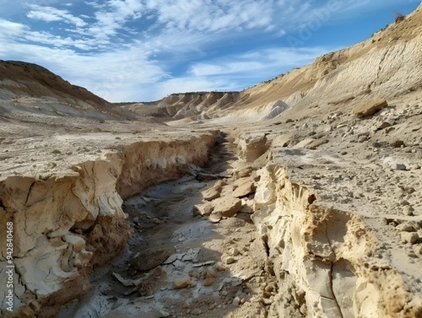 Fototapeta Erosion of a dry riverbed in a desert landscape under a clear blue sky during the afternoon