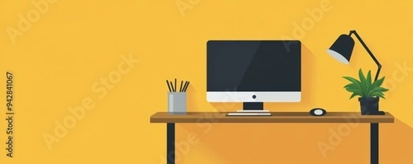 Fototapeta Modern workstation with computer, desk lamp, and potted plant against a vibrant yellow background. Perfect for business or home office themes.