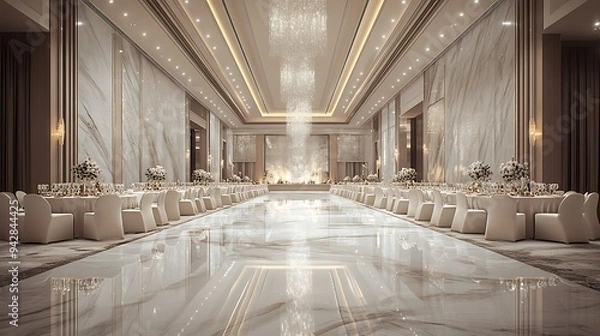 Fototapeta Sophisticated Banquet Hall with Reflective Marble Surfaces, Elegant Soft Seating, and Crystal Decor for an Opulent Gathering