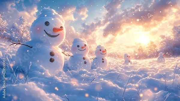 Fototapeta Smiling Snowmen in a Winter Wonderland with a Sunset Sky.