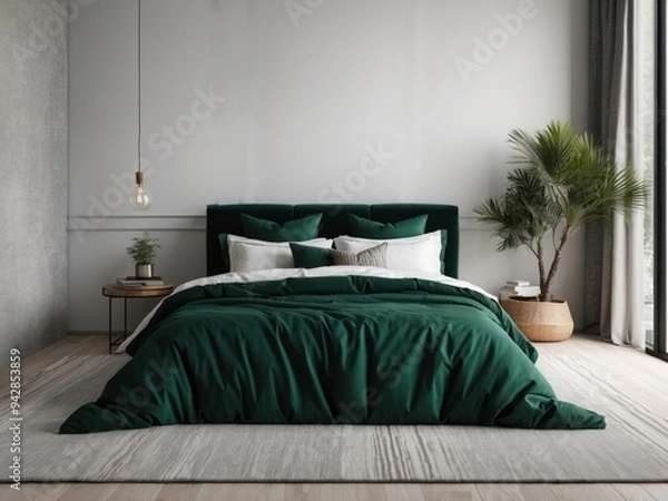 Fototapeta A Modern Bedroom with Green Bedding and a Palm Tree