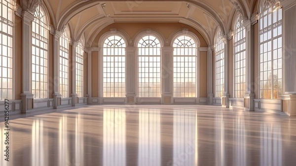 Fototapeta Opulent Empty Event Hall with Tall Windows, Gleaming Floors, and a Timeless Architectural Design