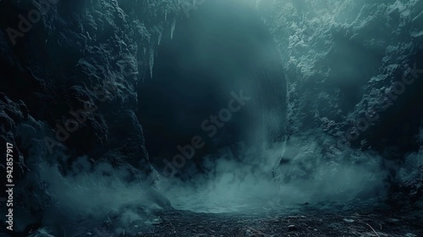 Obraz Dark cave entrance shrouded in mist, with eerie lighting and shadows, creating a mysterious scene perfect for Halloween text dark cave, shrouded mist, mysterious scene