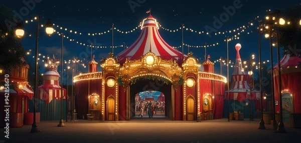 Fototapeta Nighttime view of a carnival entrance with festive lights and a red and white striped tent.