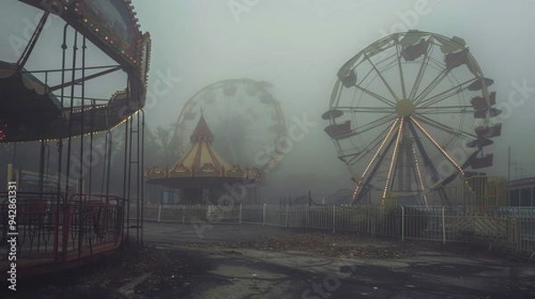 Obraz Abandoned carnival with rusted rides and fog, creating a spooky atmosphere with ample space for Halloween text abandoned carnival, rusted rides, foggy atmosphere