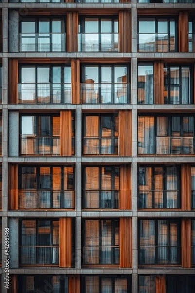Fototapeta Geometric Architectural Abstraction with Wooden Frames and Glass