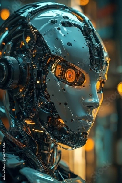 Fototapeta Futuristic Robotic Head with Intricate Mechanical Details