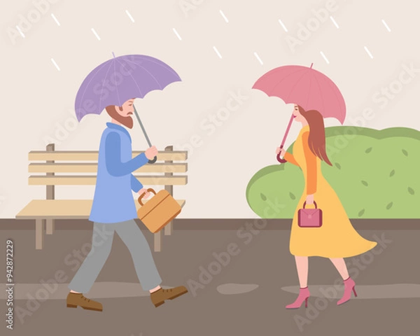 Obraz man and woman under rain with umbrellas, passersby. Vector Illustration for printing, backgrounds and packaging. Image can be used for greeting cards and posters. Isolated on white background.