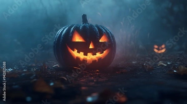 Fototapeta Creatively carved pumpkin with a spooky face glowing on a foggy night