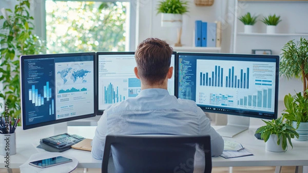 Obraz Businessman in a modern office analyzing e-commerce data with multiple screens displaying tracking information, data analysis, business strategy