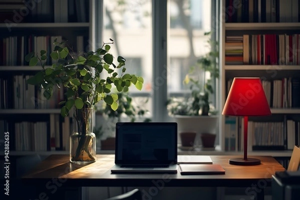 Fototapeta laptop on desk, bookcase in the background, red lamp and green plant, cozy home office