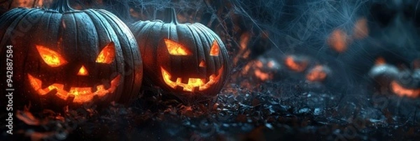 Fototapeta Halloween dark woods scene with mysterious glowing pumpkins creating a spooky effect.