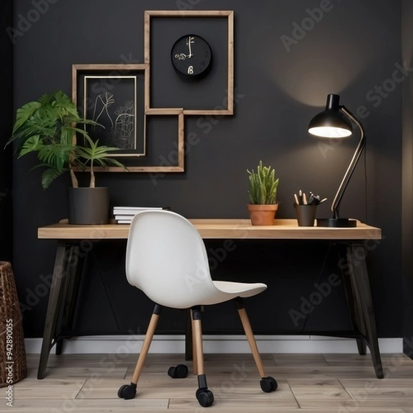 Fototapeta Minimalist Home Office with Black and White Decor
