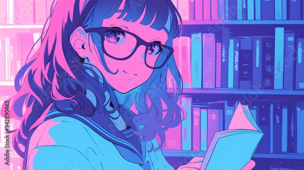 Fototapeta a girl is reading a book in class, anime style, cute kawaii, simple, smiling happy, neon psychedelic background