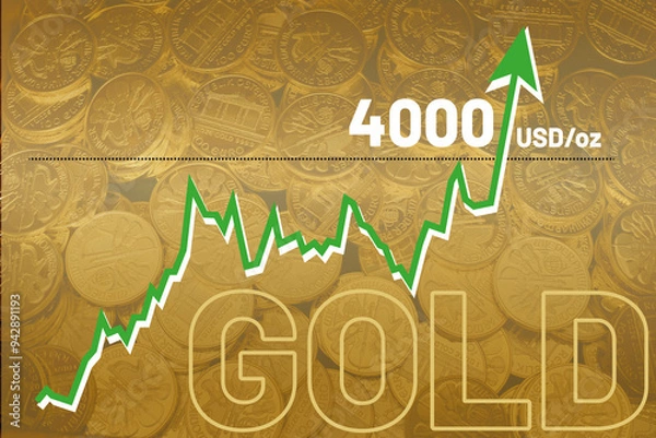 Fototapeta Gold price record above 4000 USD dollars per ounce. High gold price rising chart. Bullion gold market trend line graph. Business and finance.