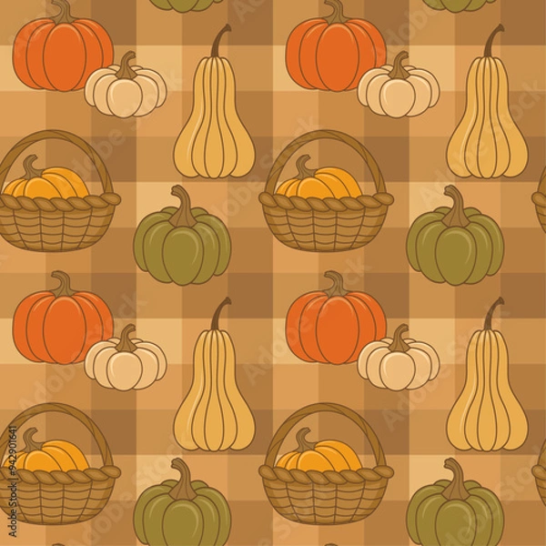 Fototapeta Seamless vector pattern with autumn pumpkins on a checkered brown background, decorative wallpaper, tablecloth, design for textile printing.