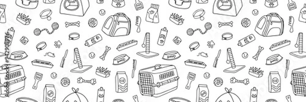 Fototapeta Seamless pattern of hand drawn pet shop assortment in doodle style. Vector illustration