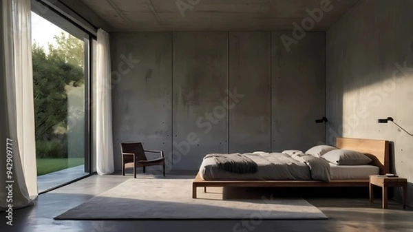 Fototapeta A cozy, minimalist bedroom with a low platform bed is situated in a serene environment, Generetive Ai