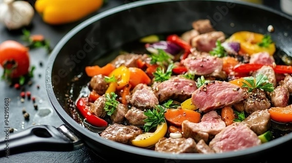 Fototapeta Cooking ingredients for a stir-fry, including sliced meats and vegetables in a pan.
