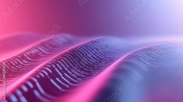 Fototapeta A wave of light is shown in a purple and pink background. The wave is made up of many small dots, giving it a futuristic and abstract appearance