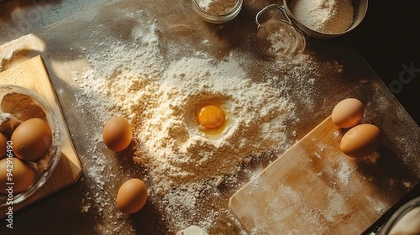 Fototapeta Ingredients for baking spread out on a kitchen counter, including flour, eggs, and sugar.