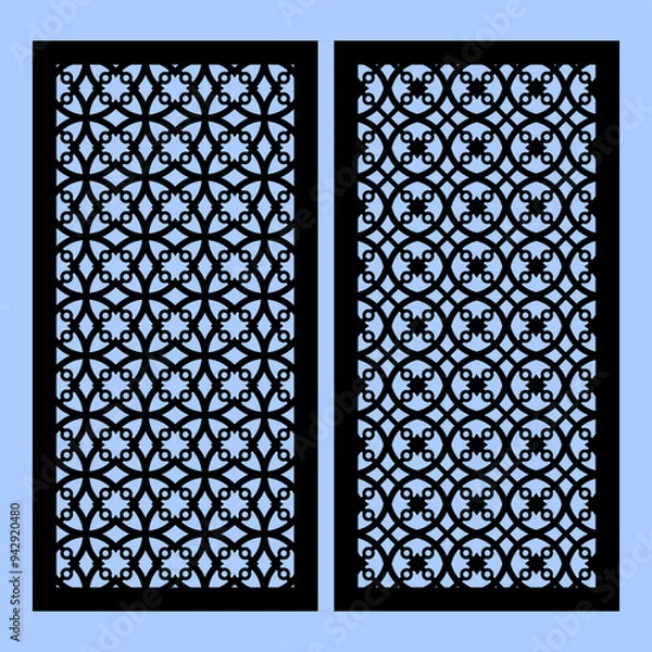 Fototapeta Collection of laser cut templates with modern abstract geometric panels. Template for cnc cutting of metal and wood. Aspect ratio 1:2. blue background.