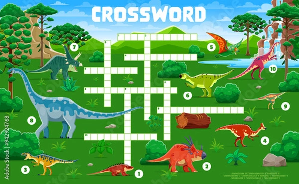 Fototapeta Crossword quiz game grid with prehistoric dinosaurs and cartoon dino, vector worksheet. Kids crossword quiz game to guess Jurassic dinosaurs, giant lizards and reptiles names in prehistoric forest