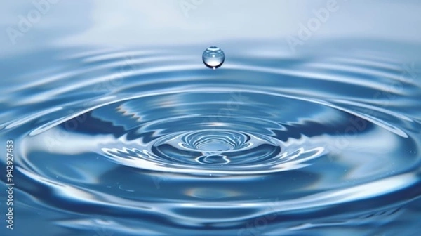 Fototapeta A single water droplet falls onto a still surface, creating concentric ripples that spread outward.