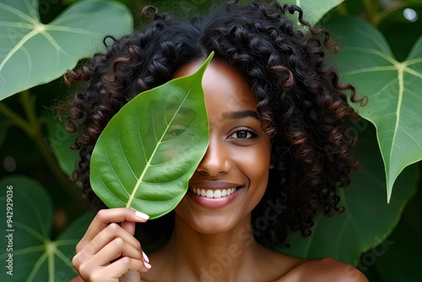 Obraz woman with green leaf