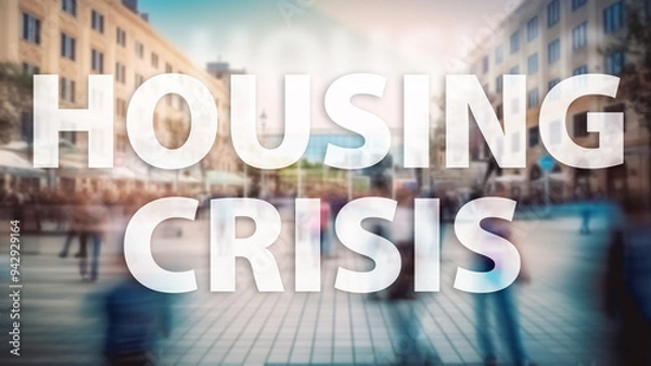Fototapeta the text housing crisis, featuring bold white text against a blurred cityscape. Concept of problematic housing conditions and shortage
