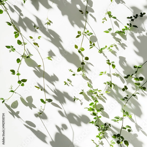 Fototapeta Abstract shadows of plants or leaves creating a pattern on a white background,