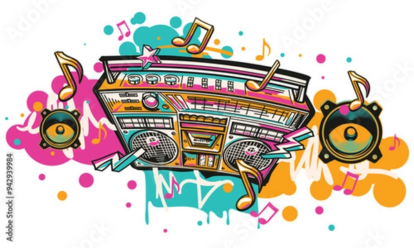 Obraz Music design - colorful boom box tape recorder and musical notes