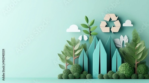 Fototapeta Eco-friendly concept with paper cut trees, houses, and recycling symbol on mint green background representing sustainability and environmental care.