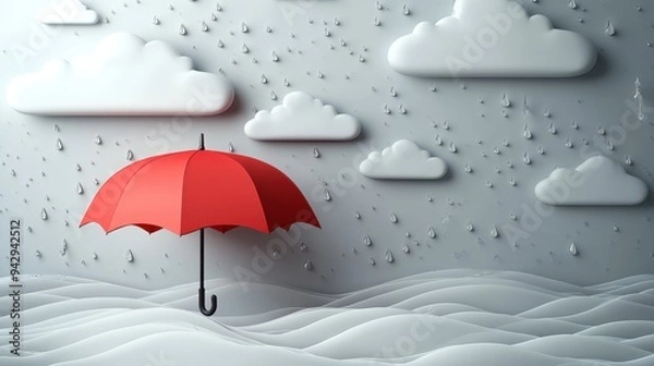 Fototapeta Red Umbrella with rain and clouds vector 3d design on color background,Yellow parasol illustration with thunderstorm,rainny day,Clouds,lightning and raindrops in sky,Monsoon sale,banner template.