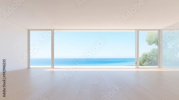 Fototapeta A large open room with a view of the ocean. The room is empty and the windows are open, letting in the fresh air and the sound of the waves