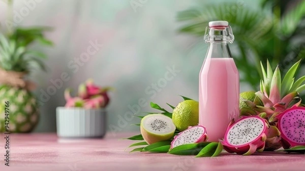 Obraz Stylish glass bottle of dragon fruit juice with fresh dragon fruit, presenting a premium and vibrant appearance for high-end displays.