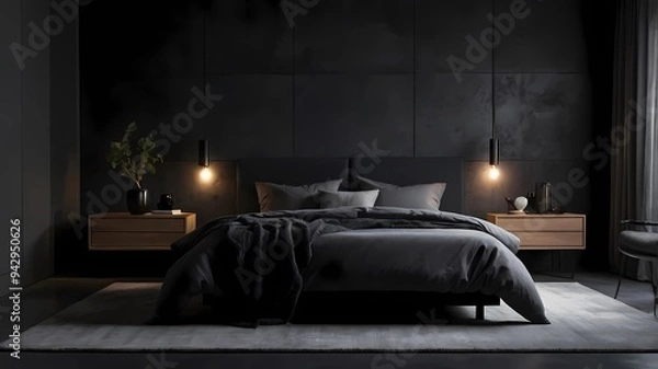 Fototapeta A dark, minimalist bedroom exudes a moody and sophisticated ambiance. The room features a luxurious bed with dark bedding, flanked by wooden bedside tables. The textured black walls, generetive ai